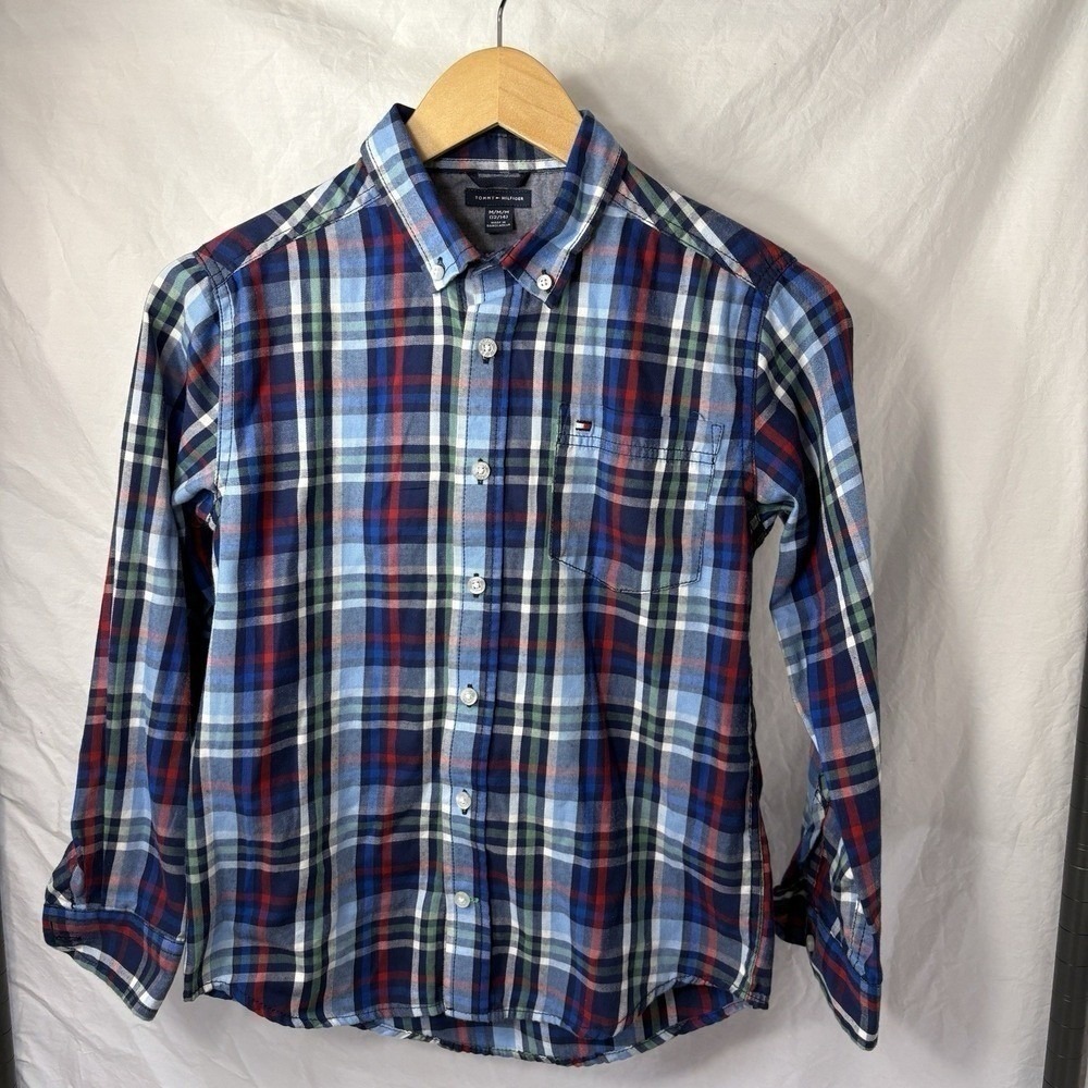 Tommy Hilfiger Boys Size Med 12/14 Plaid Button-Down Classic Dress Shirt‎ Cotton